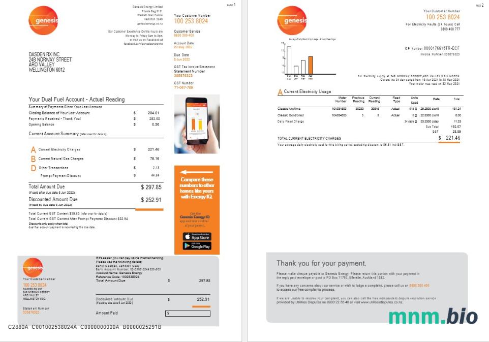 New Zealand Genesis gas utility bill 1-2